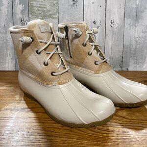 Sperry Womens Saltwater Check Ivory Boots Size 10 M NWT